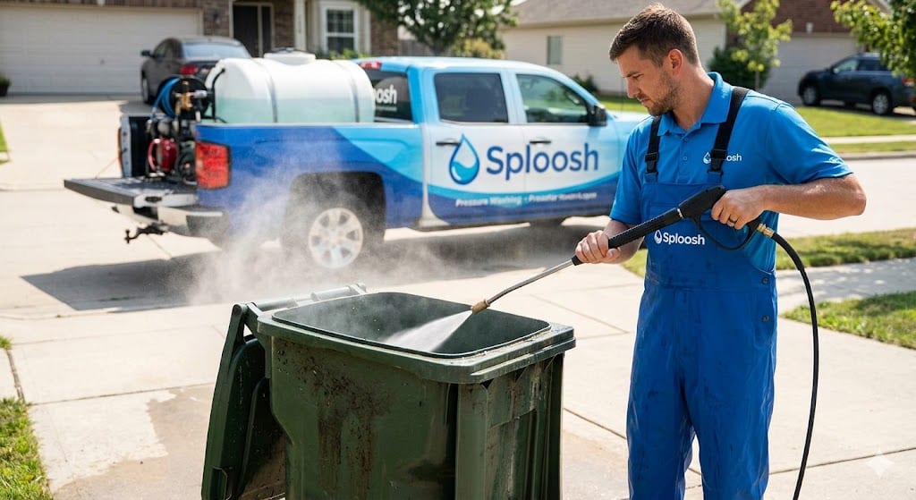 A Sploosh technician pressure-washing a residential trash bin on a Highlands Ranch driveway, with the branded Sploosh truck in the background